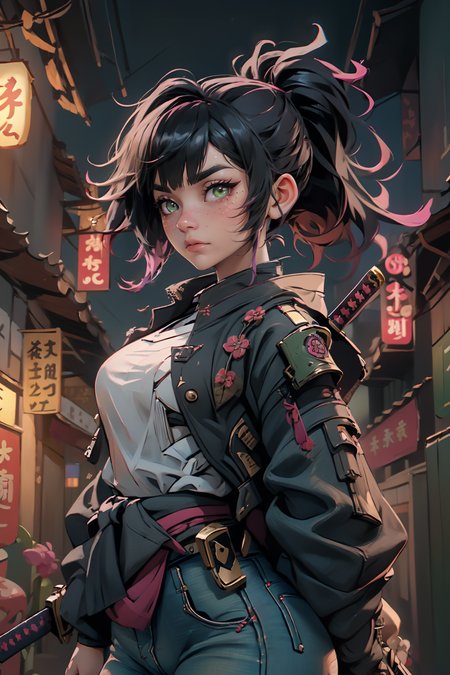 highres, masterpiece, perfect lighting, bloom, cinematic lighting, adult, female, looking at viewer, cowboy shot, (RSEEmma:1.5),<lora:RSERomantic_RSESofiko_RSEEmma-v1:0.3>,nijisamurai, samurai jacket, jeans, cyborg, <lora:Samuraibot:0.8>  side-swept bangs, black hair, pink IncursioDipDyedHair, messy mid ponytail, green eyes, thick eyebrows, freckles, <lora:DipDyedHair:1>