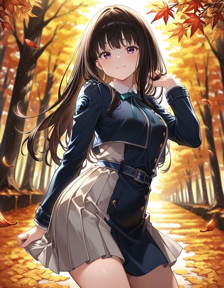 masterpiece, best quality, amazing quality, very aesthetic, absurdres, <lora:spo_sdxl_10ep_4k:0.5>, 
cute, (orange colors:1.4), (blurry background:1.2), high saturation, 
BREAK
1girl, solo, inoue takina, long hair, black hair, purple eyes, 
lycoris uniform, collared shirt, green neck ribbon, two-tone dress, blue dress, grey dress, pleated dress, long sleeves, blue belt, 
BREAK
smile, outdoors, depth of field, tree, blurry background, A forest landscape in autumn, covered in vibrant autumn leaves., 
standing, twisted torso, <lora:GBF_Illustrious:1>, gbf_style, <lora:vrchat:1>,