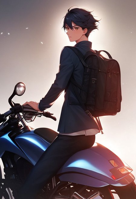 score_9, score_8_up, score_7_up, score_6_up, score_5_up, score_4_up, Gundam_00_Style, (Style: Gundam_00), source_anime,  masterpiece, volumetric lighting, vibrant colors, perfectly detailed face and body and eye, 1boy, teenager, solo, black hair, long sidelocks, short hair, brown eyes, high resolution, black jacket, open jacket, school uniform, black trousers, backpack, motorcycle, detailed background, parking lot, cinematic, <lora:add-detail-xl:0.4>, perfect hand, (fantasy-style), (shoujo-style), manhwa-artstyle