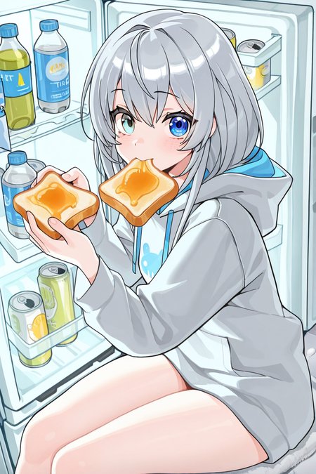 masterpiece, best quality, amazing quality,
 <lora:Lango_IL:1> lango, refrigerator, 1girl, food, heterochromia, blue eyes, solo, sitting, food in mouth, looking at viewer, bottle, toast, grey hair, holding, virtual youtuber, hood, mouth hold, can