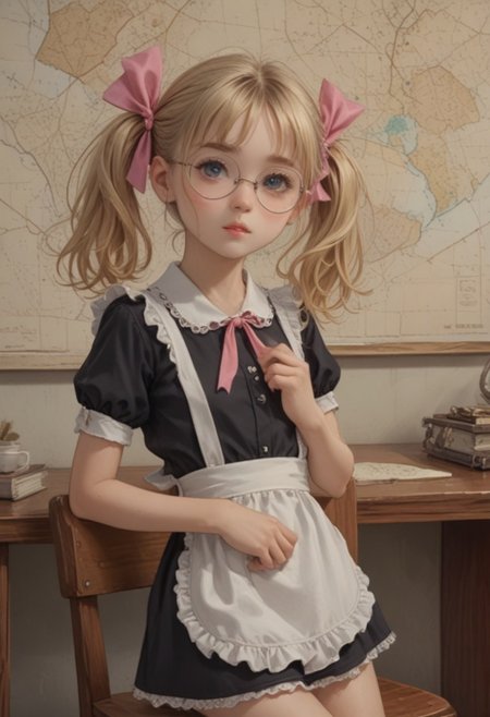 masterpiece,best quality,amazing quality, score_9, score_8_up, score_7_up, ultra sharp, beautiful face
Olya znaykina, blonde hair, twintails with pink bows, round glasses, black short minidress, white apron, shoes with white socks 
, cute, 
, detailed eyes, 
Cowboy shot, view legs,
Desk, chair, map, blackboard,