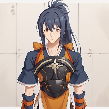 highres, absurdres, solo,oboro, ponytail, armor, Japanese clothes, uchikake,<lora:OboroFire_emblem_PONY:1>, <lora:MayumiHirotaStyleThracia_SDXL-000010:1> MayumiHirotaStyle