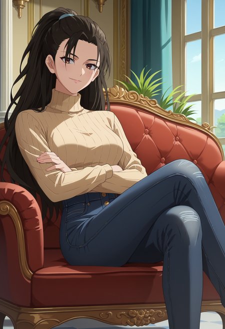 score_9, score_8_up, score_7_up, anime screencap, source_anime, 1girl, solo,
<lora:Aiko_Aihara_Seraph_of_the_End_V1:.85>, KJOaiko, black hair, brown eyes, long hair, ponytail, 
high waist jeans, beige turtleneck sweater, long sleeves,
sitting on couch, crossed legs, crossed arms, head tilt, seductive smile,
mansion, pillars, tile floor, red couch,
(Beautiful, medium Breasts:1.2),