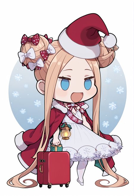 Padorumeme, chibi, rolling suitcase, gift box,  <lora:Padoru_IL:1>  1girl, ballerina, absurdly long hair, hair bow, polka dot bow, white bow, red bow, double bun, twintails, blonde hair, blue eyes, parted bangs, forehead, neck ribbon, snowflake brooch, short dress, sash, lantern, tutu, white pantyhose, dress flower, red coat, coat over shoulders, fur trim <lora:Abby_Pretender:0.8> smile, open mouth, santa hat, masterpiece, best quality, amazing quality, very aesthetic, absurdres, highres, newest