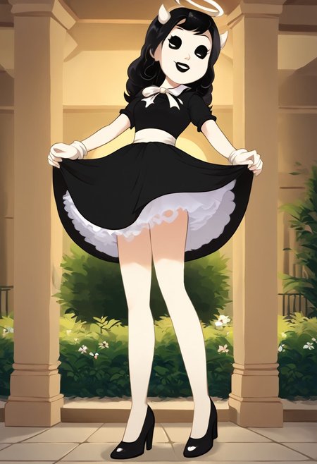 (Masterpiece, best quality:1.2), score_9, score_8_up, flat color, flat shading, soft shading, lighting, Alice Angel in a 1950's dress with a button down top, a fluffy frilly ruffled full petticoat, and high heels, dress, layered petticoat, frilly petticoat, fluffy petticoat, full petticoat, wide dress, flowing dress, solid colored skirt, short sleeves, black hair, Bendy and The Ink Machine, series accurate, cute, best high quality, high res, black lips, white colored skin, whole body shot, 1girl, solo, outside, standing straight, in a garden, cute, adorable, smile, low angle upskirt shot, cartoon, cartoon style, vector, solo, circle dress, 1950s, alice angel