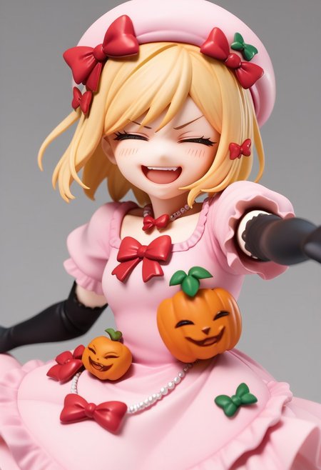 score_9, score_8_up, score_7_up, highres, absurdres, solo, 1girl, blush, smug, closed_eyes, looking_at_viewer, Rambda, blonde hair, short hair, orange eyes, hair ornament, necklace, pink hat, pink gown, red bow, short sleeves, elbow gloves,  striped kneehighs, from_below, reaching_out,