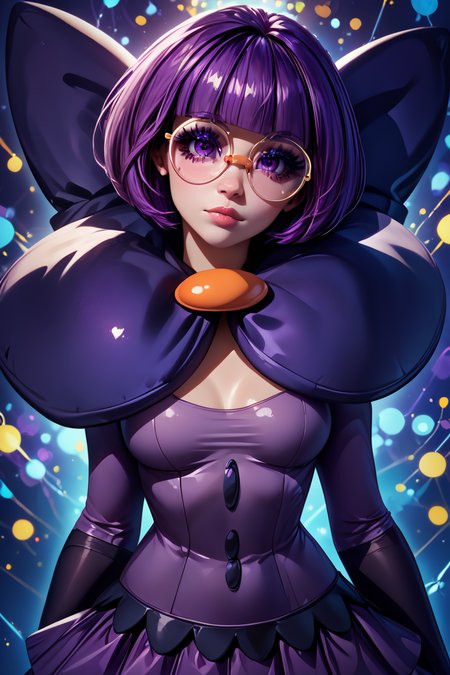 score_9, score_8_up, score_8, medium breasts, (curvy), cute, eyelashes,       ,,, , ,,, zzShauntal, purple eyes, bob cut, glasses, round eyewear, short hair, blunt bangs, purple hair, elbow gloves, purple skirt, skirt, bow, dress, large bow, <lora:Shauntal_Pokemon_PDXL:1.0>,  ,,,, BREAK,  (ultra realistic,32k, masterpiece:1.2),(high detailed skin:1.1),( high quality:1.1), head tilt, lips, closed mouth, shiny clothes, (upper body), looking at viewer, bokeh, luminescent background, ,,, embedding:zPDXL, Expressiveh, ,,, <lora:RlAnmPDXL:1.0>,