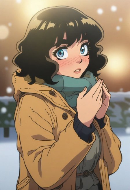 safe for work, PG13, anime screencap, (masterpiece), (4k4bur5tyl3:1.4), (digital painting, illustration), perfect eyes, eyelashes, eyebrows, blush, looking at viewer, 1girl, solo, mole under eye, perfect hands, detailed background, bokeh, winter coat, snow, depth of field, snowflake, light filtering, nose_blush