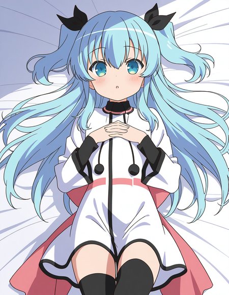 general,highres, ultra-detailed,very aesthetic,best quality ,best hands,  BREAK,  <lora:Noel_IS:1>
Noel, 1girl,solo, long hair, blue hair, two side up, blue eyes, hair ribbon, black ribbon,bangs, 2020s (style), anime coloring,
 thighhighs, dress, white dress, black thighhighs, lying, on back, long sleeves, looking at viewer, bed sheet, blush, own hands together, black ribbon, hair between eyes, very long hair, parted lips, :o,