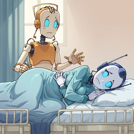 score_8, score_8_up, score_7_up, lo_su_qu,no humans, humanoid robot, standing, frown, looking down, hands up, lying, on side, on bed, under covers, hospital bed, indoors,crossed arms