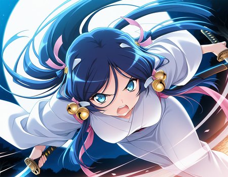 masterpiece, best quality, official art, amazing quality, intricate, game cg, 
1girl, solo, miki, blue hair, bell, curvy, medium breasts, 
white kimono, 
serious, shouting, looking at viewer, holding katana, unsheathed, battle, motion line, speed line, (cherry blossom storm:1.1), wind, night, dynamic angle, 
 dynamic motion, deep shadow, deep contrast of light and dark, sharp focus, depth of field,<lora:ichinose miki v1:1>