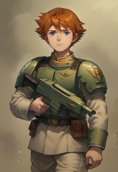 score_9, score_8_up, score_7_up, 1boy,solo, CThorndyke, 1boy, solo, brown hair, blue eyes, cadian,  astra militarum, holding bolter,