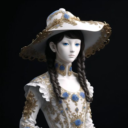 <lora:porcelain_gzhel:1.0>,  (porcelain, Gzhel, rococo:1.0), hat, long hair, solo