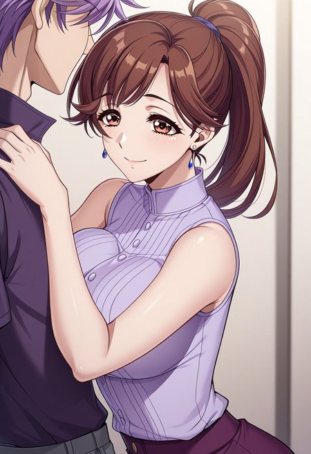 masterpiece, best quality, newest, highres, uncensored, 1girl, yokota mamoru style,1girl,
Ichijou Fuuko,Brown Hair, Long Hair, Parted to Side, Ponytail, Spiky Bangs,Brown Eyes, Tareme Eyes,Big Breast, Slim
The image is a digital artwork, showcasing a romantic scene. The scene features two characters, a man and a woman, in a passionate embrace. The man has light skin and short, lavender hair, while the woman has long, hair that cascades down her back. The woman appears to be in a white, sleeveless dress with a high collar, and the man is dressed in a dark purple outfit, possibly a shirt and pants, Earrings,happy girl