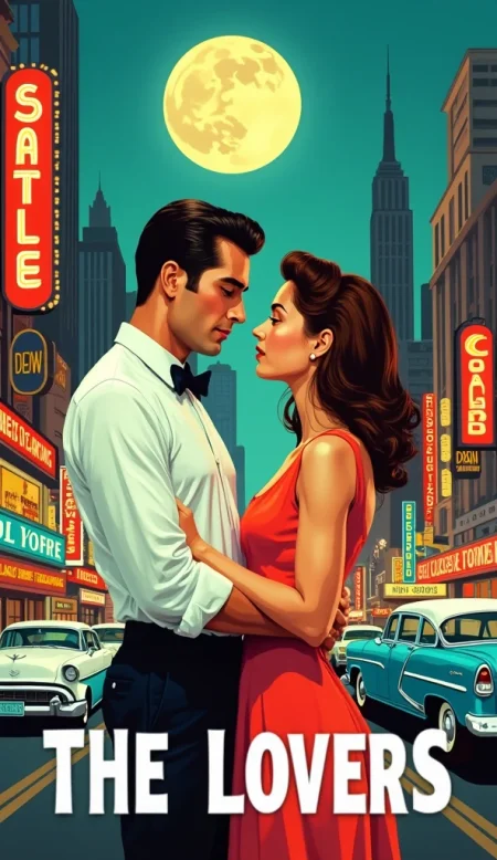 This image is a digitally created poster for the 1959 film "THE LOVERS" featuring a stylized, retro art style reminiscent of mid-20th-century comic book illustrations. The poster depicts a romantic scene between a man and a woman in a vibrant, bustling cityscape. The man, on the left, is dressed in a white dress shirt with a black bow tie, and the woman, on the right, is wearing a light red, sleeveless dress. They are standing close, gazing into each other's eyes, creating a sense of intimacy.

The background showcases a cityscape with towering skyscrapers, and a glowing, circular moon. The city is filled with neon signs in bright colors, including red, blue, and yellow, advertising various establishments. The streets are filled with vintage cars, mostly in shades of blue and white, adding to the nostalgic atmosphere.

The overall color palette is rich and vibrant, with a mix of cool blues, warm oranges, and bright greens. The text "THE LOVERS" is prominently displayed in bold, white letters at the bottom of the poster. 
