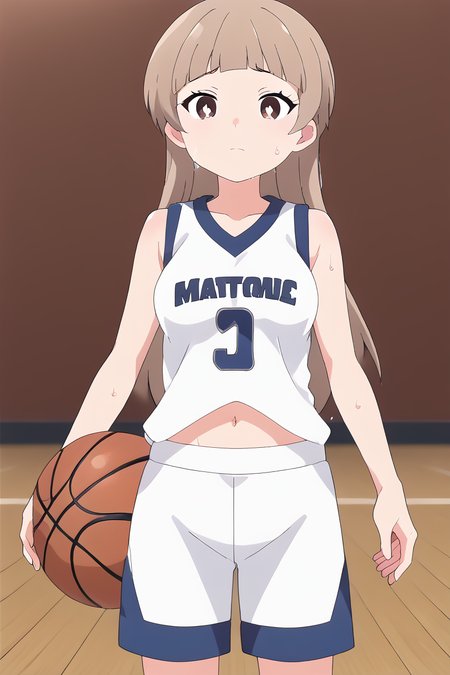 score_9, score_8_up, score_7_up , source_anime, solo, intricate details, masterpiece, high quality, prefect hands, best quality , anime screencap, <lora:DetailedEyes_V3:1> , KatanoPN, 1girl , brown eyes , white pupil , brown hair , long hair , gym  , <lora:Katano_Bat_Holy_Envoy_Cross_Near_Heart:1> , sweating , sweat , cute , wet skin , navel , <lora:basketball-uniform-ponyxl-lora-nochekaiser:1> basketball uniform, basketball jersery, sportswear, jersey, shorts, sleeveless,
