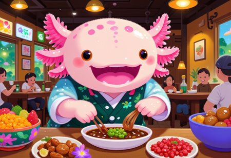 pikaole of, axolotl chef, in a Filipino restaurant, cooking adobo, wearing a traditional Filipino apron, flavorful and aromatic dishes, the axolotls have pink frilly gills and round black eyes