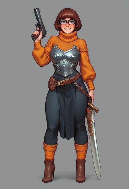 score_9, score_8_up, score_8. score_9, score_8_up, score_7_up, score_6_up, masterpiece, 4k, high quality
1girl, 25 year old beautiful Velma (from scooby doo), thick black lashes, blush, black collar, freckles, sultry look, soft smile, thick glasses, dark brown hair,
(((full-clothed medieval armor))), ((long sword in hands, steel gun in hands))
BREAK 
strange world background score_9, score_8_up, score_7_up, score_6_up, source_cartoon, rating_explicit, Expressiveh, ((full body)), dynamic pose