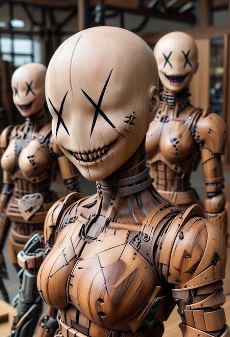 score_9, score_8_up, score_7_up, source_realistic, high quality v3, masterpiece, amazing quality, very aesthetic, face focus, depth of field, hrdwdaf, 
a closeup portrait of a Bald female XXDFace with x-eyes and creepy smile faceless mannequin wearing wooden hardwood mecha cyborg armor made of wood,