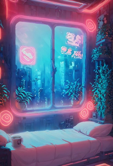 score_9,score_8_up,score_7_up,score_6_up, 
steaming coffee cup on windowsill, plants on the windowsill, wall of plants, monstera plant, large plant, tidy bedrrom, small room, cramped bedroom, teddies on the bed, cyberpunk city view out of the window, neon light, purple neon lights,
