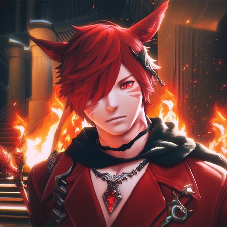 dt_xiv_style, solo, looking at viewer, short hair, hair ornament, red eyes, 1boy, animal ears, jewelry, upper body, male focus, red hair, indoors, cat ears, necklace, scarf, hair over one eye, tattoo, swept bangs, facial mark, fire, x hair ornament, slit pupils, staff, red jacket, pendant, crystal, stairs, black scarf, miqo'te, pillar, weapon on back, cat boy, neck tattoo, torch, arch, score_9, score_8_up, score_7_up, score_6_up, score_5_up, score_4_up,