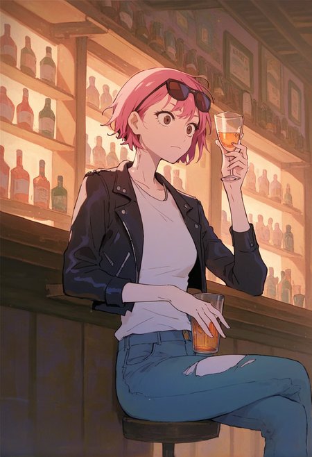 score_9, score_8_up, score_8,
 <lora:Tora_Kororon_for_PonyXL:0.8> 1girl, t0ra, pink hair, short hair, solo, brown eyes
sitting in bar, leather jacket, white shirt, torn jeans, sunglasses on head, holding shot glass,