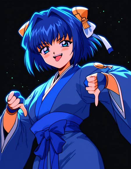 score_9, score_8_up, score_7_up, source_anime, <lora:daiakuji-yume-ova-ponyxl-lora-nochekaiser:1>, yume, short hair, blue eyes, hair ornament, blue hair, hair intakes, ribbon, hair ribbon,, long sleeves, japanese clothes, bridal gauntlets,, arcade, games, lights, fun, retro, smile, <lora:thumbs-down-ponyxl-lora-nochekaiser:1>, thumbs down, blush, from below, smug, tongue, tongue out, open mouth, black background, looking at viewer, solo,, dutch angle, cowboy shot