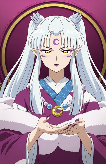 general,highres, ultra-detailed,very aesthetic,best quality ,best hands,  BREAK  <lora:Sesshomaru_no_Haha_IS:1>
Sesshomaru_no_Haha,pointy ears, japanese clothes, 1girl,solo, facial mark, kimono, white hair, long hair, 
yellow eyes, makeup, lipstick, forehead mark, crescent, necklace, fur, jewelry, purple lips, ponytail, twintails, fur trim, anime coloring, hair ornament, wide sleeves
