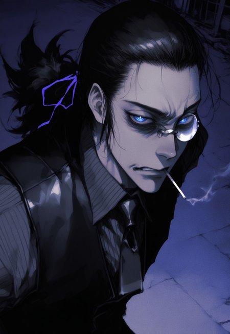 (by maegami /(daisuki oekaki1/):1.3), (by 96yottea:1.1), painterly, (by misawa hiroshi:0.8), film grain, cinematic, (limited palette:1.2), realistic, nose,
masterpiece, best quality, amazing quality, very aesthetic,
looking at viewer, staring, (disgust:1.2), DarkWalter, solo, 1boy, male focus, black hair, ponytail, hair pulled back, hair ribbon, blue eyes, monocle, round eyewear, black pinstripe shirt, black vest, black necktie, close-up, perspective, :|, mouth hold cigarette, smoking, smoke, half-closed eyes, + +, detailed background, outdoors, night, (dark glowing violet theme:1.2), 
<lora:nhl-001-20:0.75> nhl-001