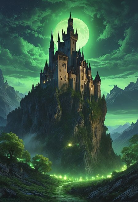 A captivating night scene illustration featuring a forboding and haunted castle on a great  great mountain. The castle and mountain are much like Neuschwanstein Castle in Bavaria.  This enchanting artwork captures a dark and ominous night, where an ominous green moon  hangs above  and over the  tree covered mountain and range and castle which  stands resolute amidst the great mountains, the moon bathes the are in a sickly green light,  The lights from the castle cast an ominous green light and glow,  creating a cinematic experience., illustration, cinematic
<lora:DonM3t3rn1tyXL-v1.1:0.7>, DonM3t3rn1tyXL,
OverallDetailXL  <lora:MJ52:0.3>  <lora:SDXLFaeTastic2400:0.4>  <lora:EpicF4nta5yXL:0.7>