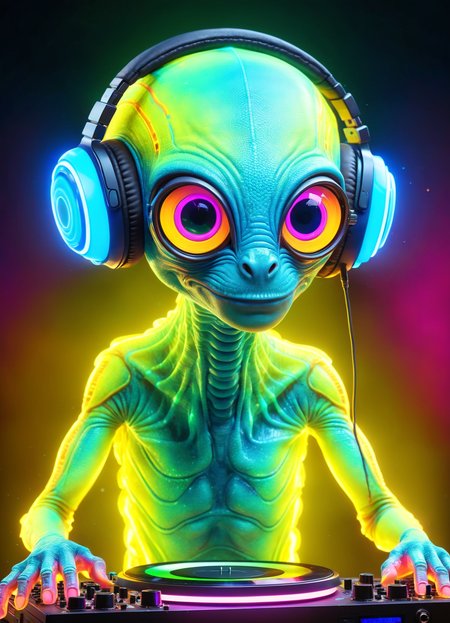 psychedelic style Ombre color scheme of neon yellow, neon blue, neon pink, neon green, neon orange, cute weird (alien|gecko) creature DJing (at a rave:1.1)  (giant speakers:1.2) (crowd distant background:1.15) (bokeh volumetric lighting, fog:1.1)  <lora:fx-monsters:0.35> fx-monsters  <lora:add-detail-xl:1> <lora:sss:0.8> <lora:xl_more_art-full_v1:0.35>, subsurface scattering, Photorealistic, Hyperrealistic, analog style, realistic, film photography, soft lighting, heavy shadow  . vibrant colors, swirling patterns, abstract forms, surreal, trippy