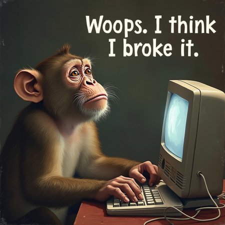 beautiful, masterpiece, a picture of a confused monkey operating a computer with the text "Woops. I think I broke it."