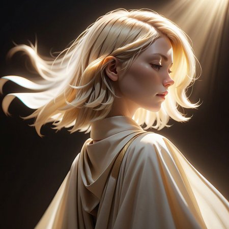 ((8k, best quality, masterpiece, extremely detailed, Rule of thirds)), (((light play, shadow play))), ((abstract background)), ((glamour photography)), ((cinematic, film grain)), ((anime aesthetic)), ((provocative)), ((soft light passing through hair)), ((short blond hair, floating hair)), ((cleric, cleric-robes, flowing robes, sheer, holy-light)), ((dynamic pose)), radiant-aura, profile-shot, close-up, eyes closed, reflective, shiny,