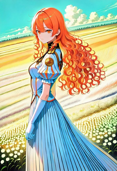 score_9, score_8_up, score_7_up, 1girl, solo, long hair, curly hair, wavy hair, orange hair, orange eyes, looking at viewer, breasts, dress, white dress, puffy sleeves, puffy short sleeves, short sleeves, gloves, elbow gloves, white gloves, cowboy shot, closed mouth, standing, outdoors, field, flower, grass, plant, sky