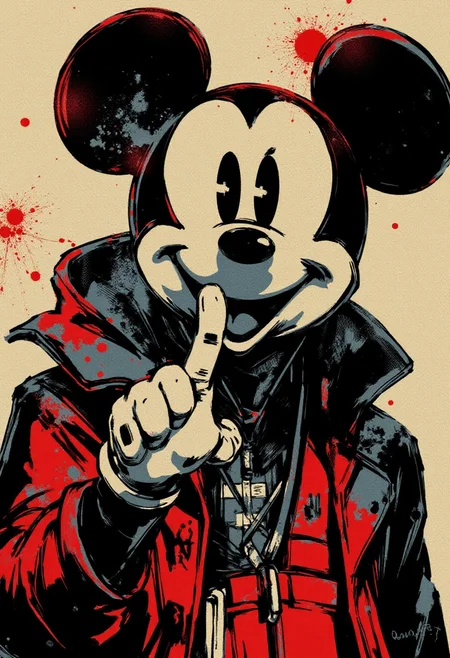 <lora:Yoji_Shinkawa_Style_FLUX-000012:0.8>
This image is a stylized digital illustration with a gritty yshinkawa cyberpunk anime aesthetic, showcasing  Mickey Mouse giving you the middle finger