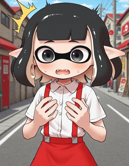 <lora:@CFG Scale Boost:0.2>
<lora:Hanako-San__Toiletta_Yokai_Watch:0.9> masterpiece, best quality, amazing quality, very aesthetic, absurdres, depth of field, blurry background, extremely detailed face, detailed eyes, (official style:1.2), screencap,
<lora:PeroInklingIL:0.8> inkling,
hanako_yw, solo, black hair, bob cut, blunt bangs, black eyes,
domino mask, shirt, suspenders, red_skirt,
outdoors, 
looking at self, hands, surprised,