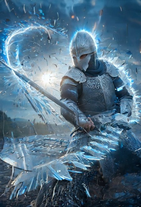 1man, armored Viking warrior in lamellar armor, wearing Viking helmet and lamellar armor, Incoming sword, broken glass, brave perspective, reflection, glowing lightning slash, Viking sword, blue flames, shatter, holding sword, glowing sword, motion blur, emphasis line, outdoor in the darkness, looking at viewer,