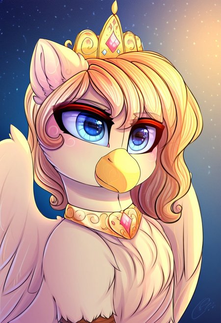 masterpiece, score_9_up, score_8_up, score_7_up, score_6_up, source_furry, (best quality:1.1), ultra-detailed, high resolution, solo, highly detailed macro illustration, solo, gloria_iv, kaiserin, griffon, griffon oc, avian, beak, feral, female,  blonde hair, medium hair, (beautiful detailed blue eyes), feathers, fluffy ears, wings, cute expression, crown, upper body, detailed background, ornate royal hall, (golden frame:1.1), (intricate lighting:1.2) BREAK Highly Visible, sharp focus, perfect lighting, anatomically correct, extremely detailed, high detail, Expressiveh, detailed background