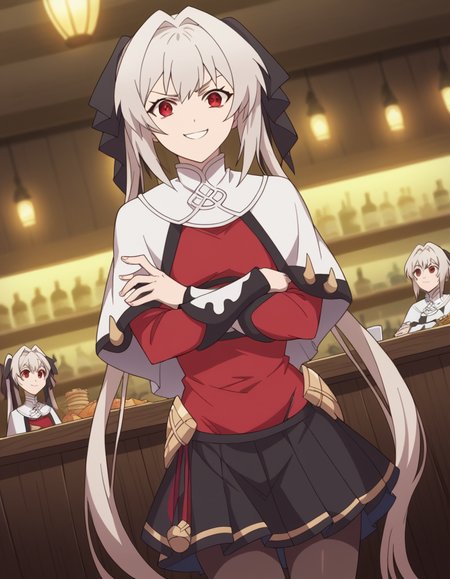 score_9, score_8_up, score_7_up, source_anime, <lora:lynneburg-clays-s1-ponyxl-lora-nochekaiser:1>, lynneburg clays, long hair, red eyes, twintails, grey hair, hair intakes, hair ribbon,, pantyhose, capelet, white capelet, dress, red dress, long sleeves, skirt, black skirt, pleated skirt,, restaurant, laughter, good food, warm lighting, celebration, smile, looking at viewer, crossed arms, smile, smug, solo,, cowboy shot, dutch angle