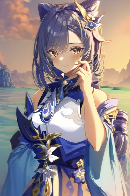 <lora:Style SilenceGirl V2:0.8>

upper body digital painting, masterpiece, best quality, 1girl, solo, orange kimono, stunningly attractive, looking at viewer, (smug:0.9), friendly, playful, (cute:1.2)

 <lora:Character Keqing Genshin 10:1> keqing \(genshin impact\), 

 <lora:Style NewGenshinLandscapes2 e6:1> Liyue, detailed backdrop