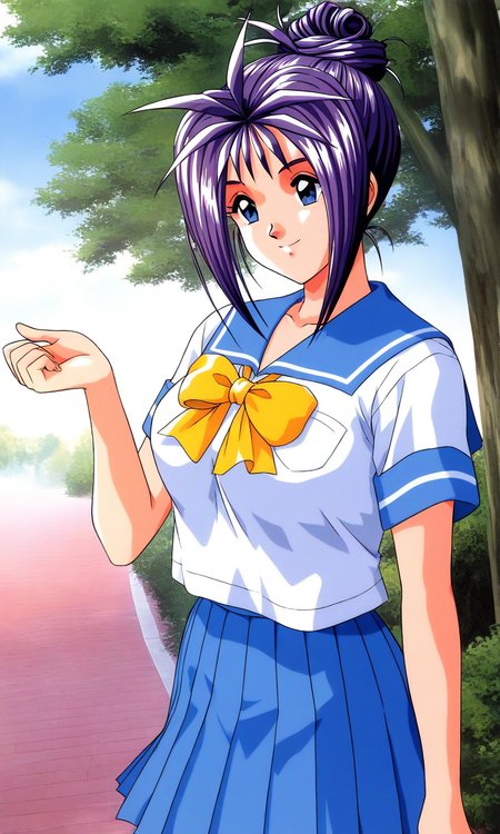general,highres, ultra-detailed,very aesthetic,best quality ,best hands, BREAK <lora:Katagiri_Ayako_Tokimeki_Memorial_IS:1>
Katagiri_Ayako(Tokimeki_Memorial), 1girl, solo, blue eyes, purple hair, single hair bun, short hair, bangs, large breasts,
blue school uniform, serafuku, jewelry, yellow bow, Yellow bow, blue skirt, blue sailor collar, white shirt, pleated skirt, short sleeves, outdoor, tree, sky,
smile, pleated skirt, outdoor, tree, sky,
