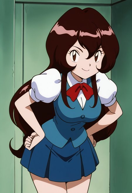 masterpiece, best quality, solo, curvy, beautiful eyes, aged up, large breasts, wide hips, narrow waist, 1girl, solo, smile, looking at viewer, zzGiselle, brown eyes, hair between eyes, brown hair, long hair,   red bowtie, puffy short sleeves, blue vest, buttons, blue skirt, smug,  <lora:GisellePokemon_IXL:1.0>,     , cowboy shot, leaning forward, smile, looking at viewer, shiny skin,