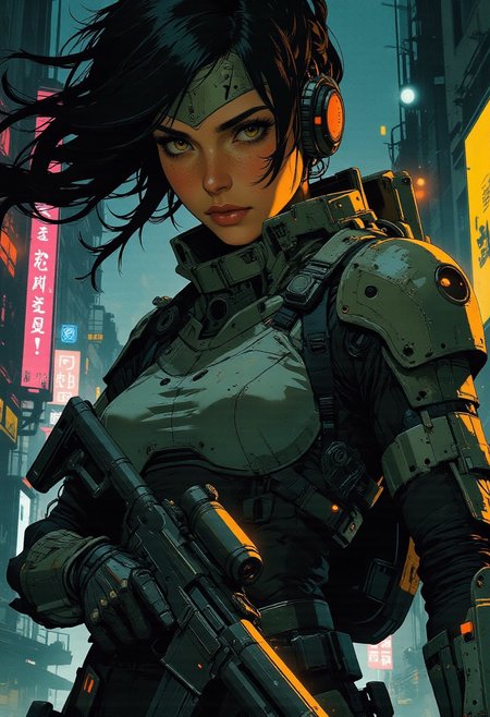 magnificent, closeup portrait, female bounty hunter, braided black hair, futuristic armor, battlesuit, mechanical armor, sleek armor, sexy, curvy, large breasts, large ass, aiming a sniper rifle, sniper rifle, aiming rifle, holstered pistol, Cyberpunk City, Neon Lights, foreshortening,
solo, 
Cowboy Shot, close up, from above,
