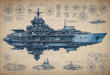 construction plan with blue thin lines for a huge dreadnought ship with 6 floors sketch style high def,ship  cut in half  with instructions and descrption of each parts