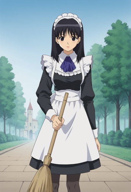 <lora:Lilica_Stacy-Girls_Bravo:0.8>,1girl,solo,Lilica Stacy,black hair,black eyes,anime coloring,maid headdress,maid,apron,long sleeves,pantyhose,holding,broom,outdoors,
