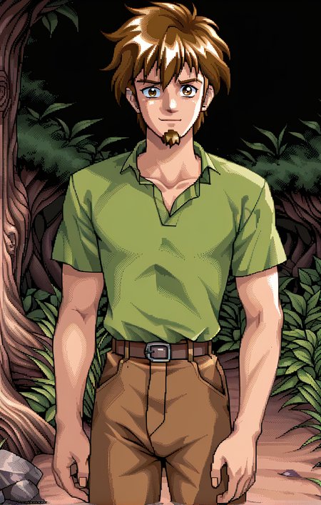 1boy, solo,  looking at viewer,  <lora:ShaggyRogers:0.4>, ShaggyRogers, goatee, brown pants, green shirt, brown hair,  <lora:Retro_pixel_shading_pony:1>, pixel art shading, retro artstyle, retro videogame, narrow waist