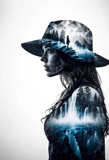 mysterious silhouette woman with hat, amazing depth, double exposure, surreal, waterfall, pattern, rain, geometric patterns, intricately detailed, bokeh,  perfect balanced, deep fine borders, artistic photorealism , smooth,  with a white background