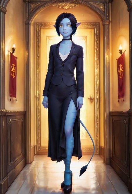 masterpiece, best quality, absurdres, detailed skin, detailed face, detailed eyes, realistic, 3D, PRSNL_3_1,
<lora:Tuktirey_Sully_James_Camerons_Avatar_Illustrious:1> Tuktirey Sully, 1girl, na'vi, solo, small height body, young, striped blue skin, tailbone tail, 5 fingers, colored skin, blue skin, yellow eyes, solo, pointy ears, flat chest, colorful, very aesthetic, skinny face, skinny body, serious expression, black blazer, white shirt under a blazer, high collar shirt, closed blazer, blazer with deep neckline, black knee length skirt, long skirt, transparent dark tights on legs, black high heel shoes, a neat red bandage on the shoulder, choker, 
official hall in the background, on the walls there are red banners with the image of a five-pointed red stars, warm colors indoors,