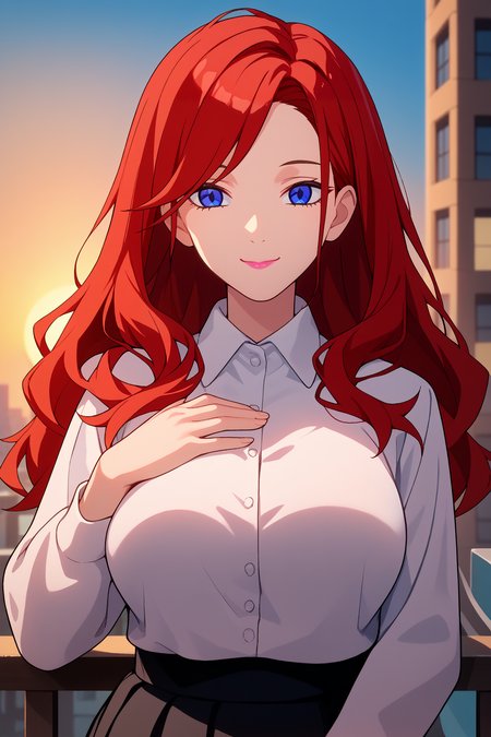 score_9, score_8_up, score_7_up, score_6_up, source_anime, 1girl, solo  <lora:renanakano-pdxl-nvwls-v1-000004:1> 5hrn, red hair, long hair, blue eyes, white shirt, collared shirt, long sleeves, black skirt, large breasts, upper body, blue sky, portrait, looking at you, smile, happy, pink lipstick, sunset, city, closed mouth, blush, hand on own chest