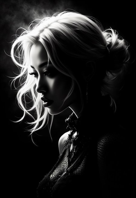 Silhouette Art, magnificent, dark background, portrait of stunning oriental woman, platinum hair, seductive, sultry, lustful, fishnet, light hitting one side of face